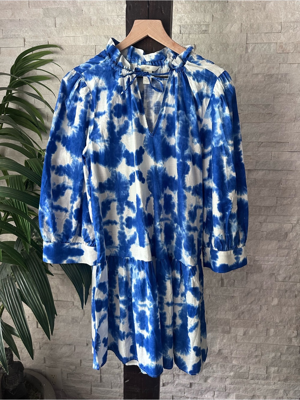 H&Blue and White Tie-Dye Long Sleeve Cotton Dress Size Small